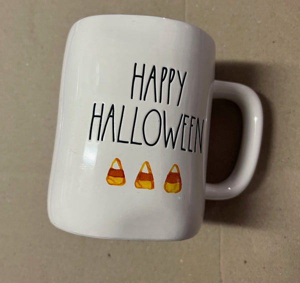 Rae Dunn HAPPY HALLOWEEN with Candy Corn Ceramic Coffee Mug White With Black Letter – Image 1 | HappilyShoppe
