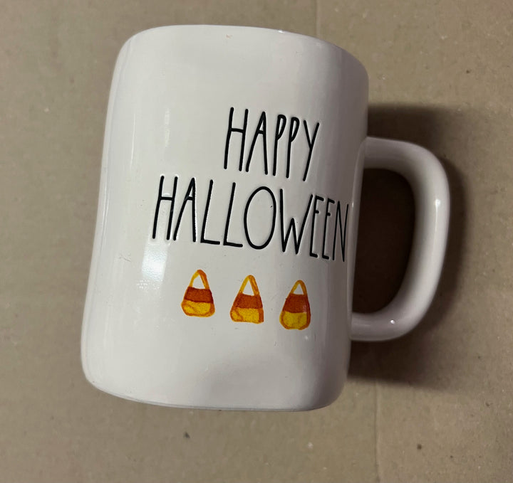 Rae Dunn HAPPY HALLOWEEN with Candy Corn Ceramic Coffee Mug White With Black Letter – Image 1 | HappilyShoppe