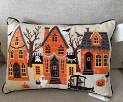 Cynthia Rowley Needlepoint Halloween Haunted House Ghost Pumpkin Pillow New