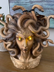 LED Light-Up Medusa Bust Statue | Bronze Greek Mythology Halloween Decor | Illuminated Eyes