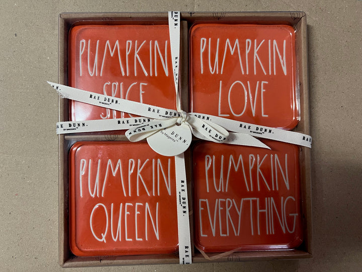 Rae Dunn Ceramic Coasters Orange with White Letters - Fall Pumpkin 4"x4" – Image 1 | HappilyShoppe