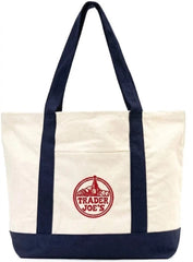 Trader Joe's Large Reusable Canvas Tote Bag Cream Navy Blue Red Logo