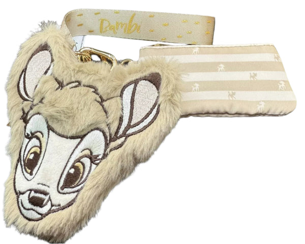 Disney Parks 2024 Bambi Wristlet Coin Purse Card Brown Faux Fur Gold Accents