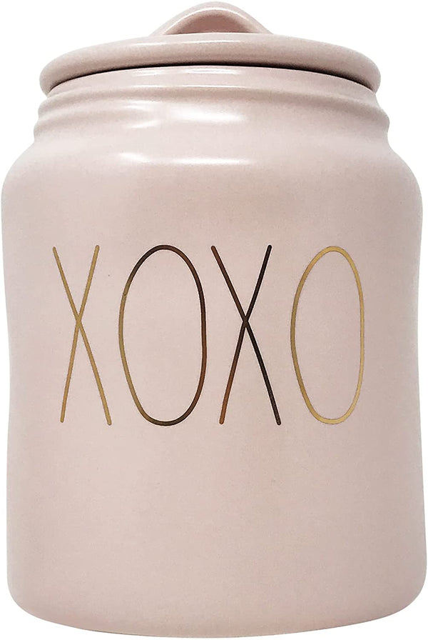 Rae Dunn By Magenta Valentine Themed Ceramic Storage Canister with Air Tight Lid (5.5 in Diameter, Pink/XOXO/Gold Font)