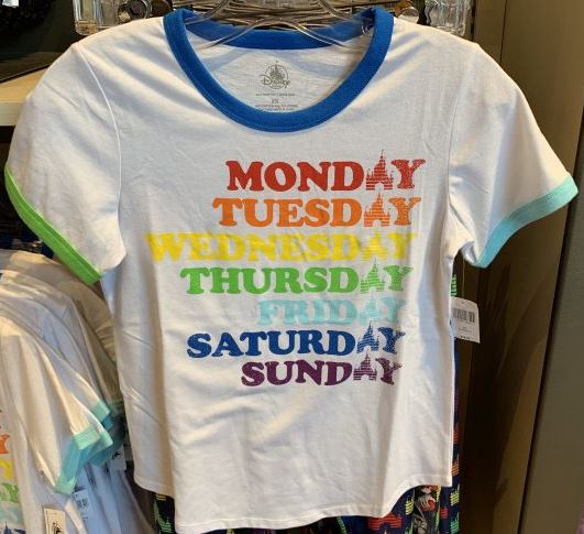 DISNEY PARKS Rainbow Colors Days of the Week Castle Ringer Shirt