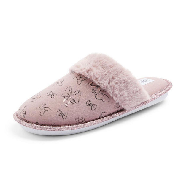 Primark Pink Faux Fur Disney Minnie Mouse Bow Print Slippers